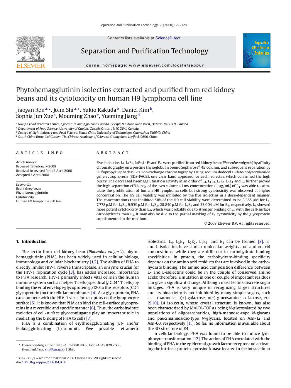 Phytohemagglutinin isolectins extracted and purified from red kidney beans and its cytotoxicity on human H9 lymphoma cell line