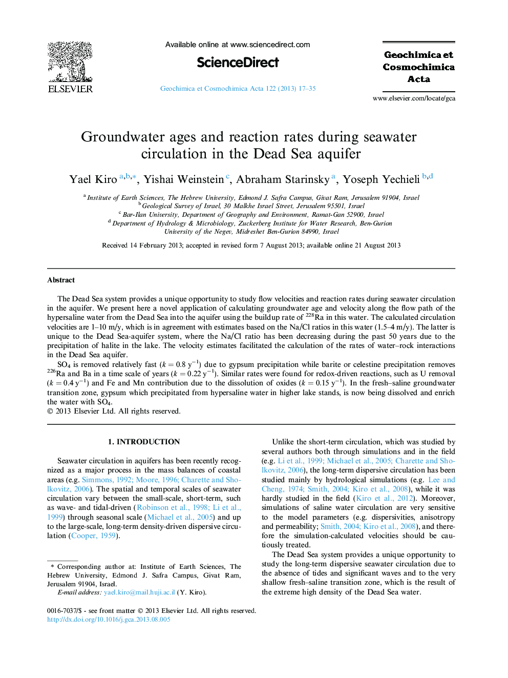 Groundwater ages and reaction rates during seawater circulation in the Dead Sea aquifer