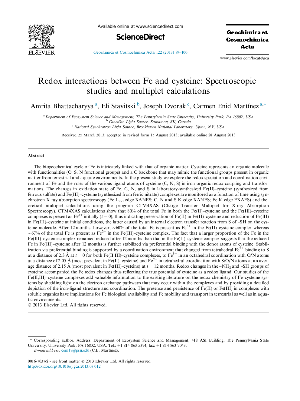 Redox interactions between Fe and cysteine: Spectroscopic studies and multiplet calculations