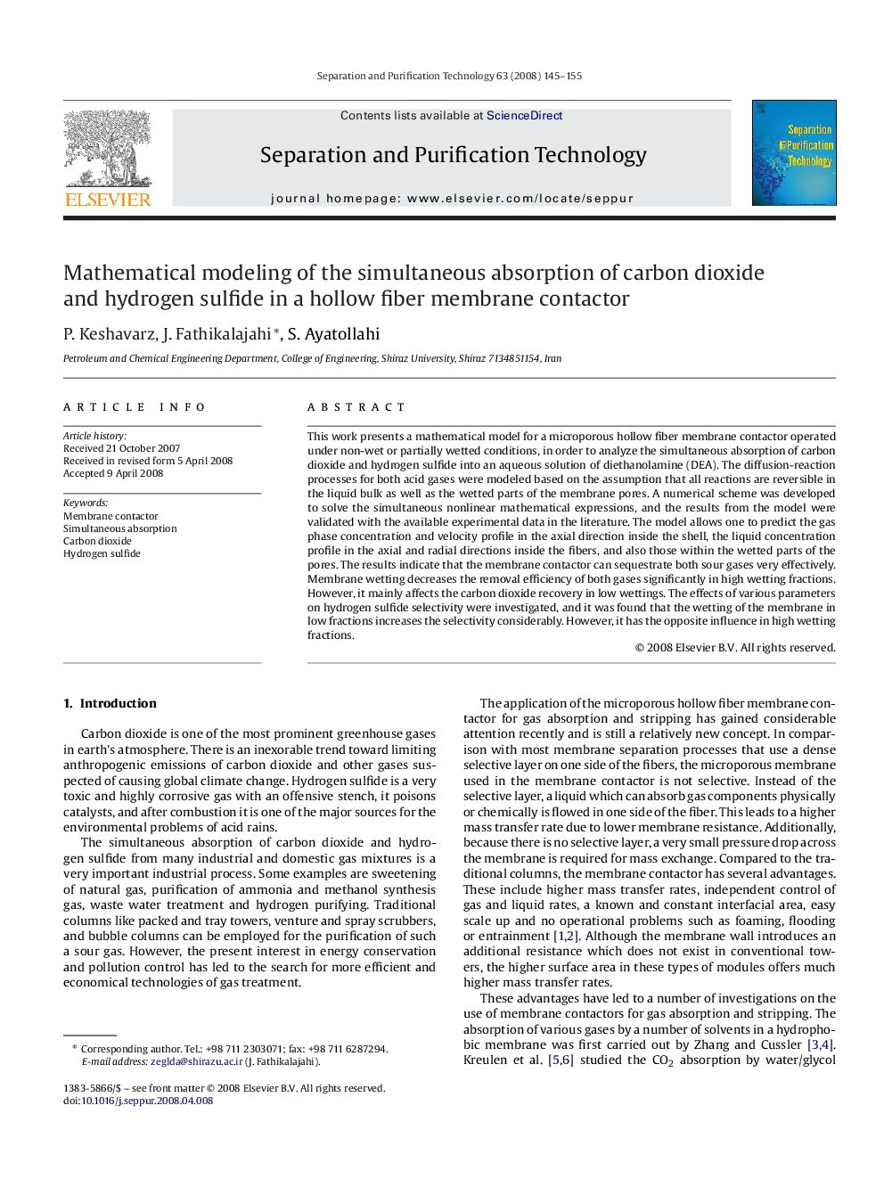 Mathematical modeling of the simultaneous absorption of carbon dioxide and hydrogen sulfide in a hollow fiber membrane contactor