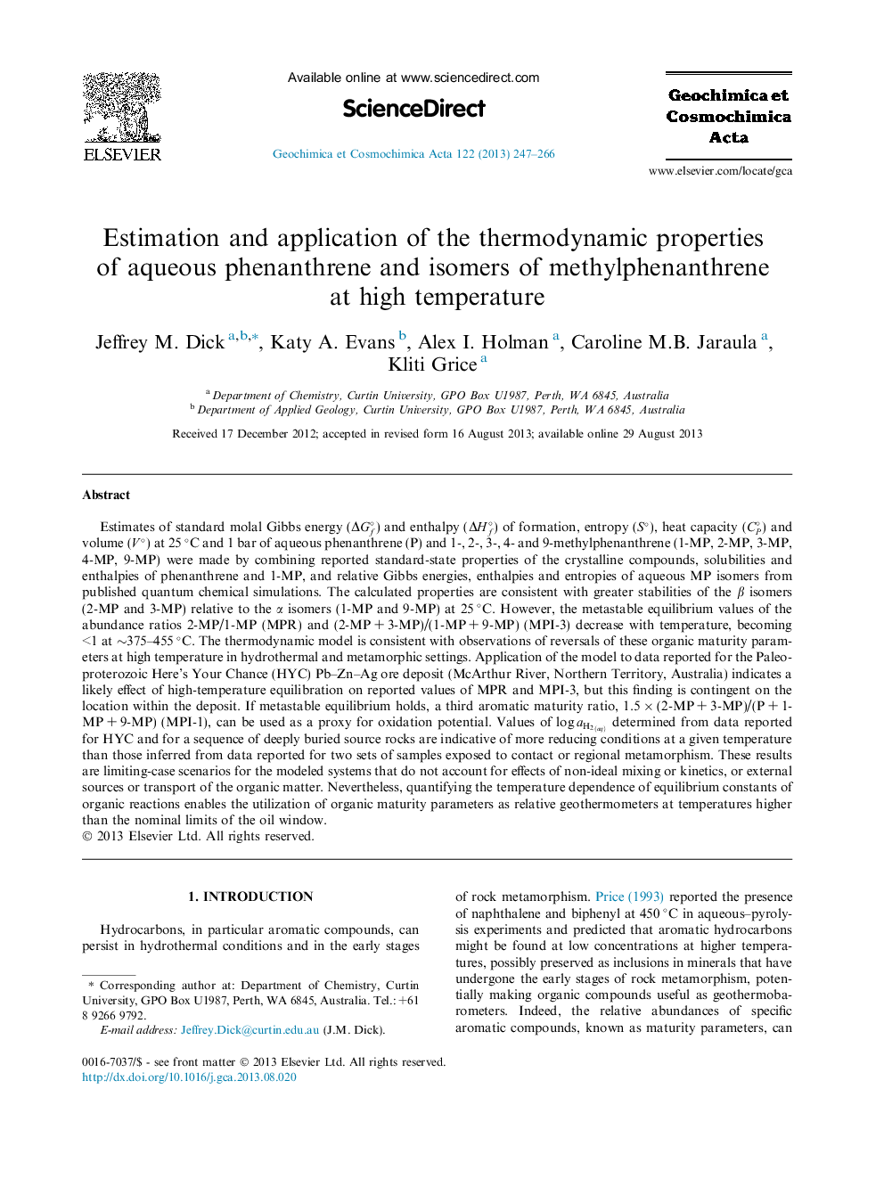 Estimation and application of the thermodynamic properties of aqueous phenanthrene and isomers of methylphenanthrene at high temperature