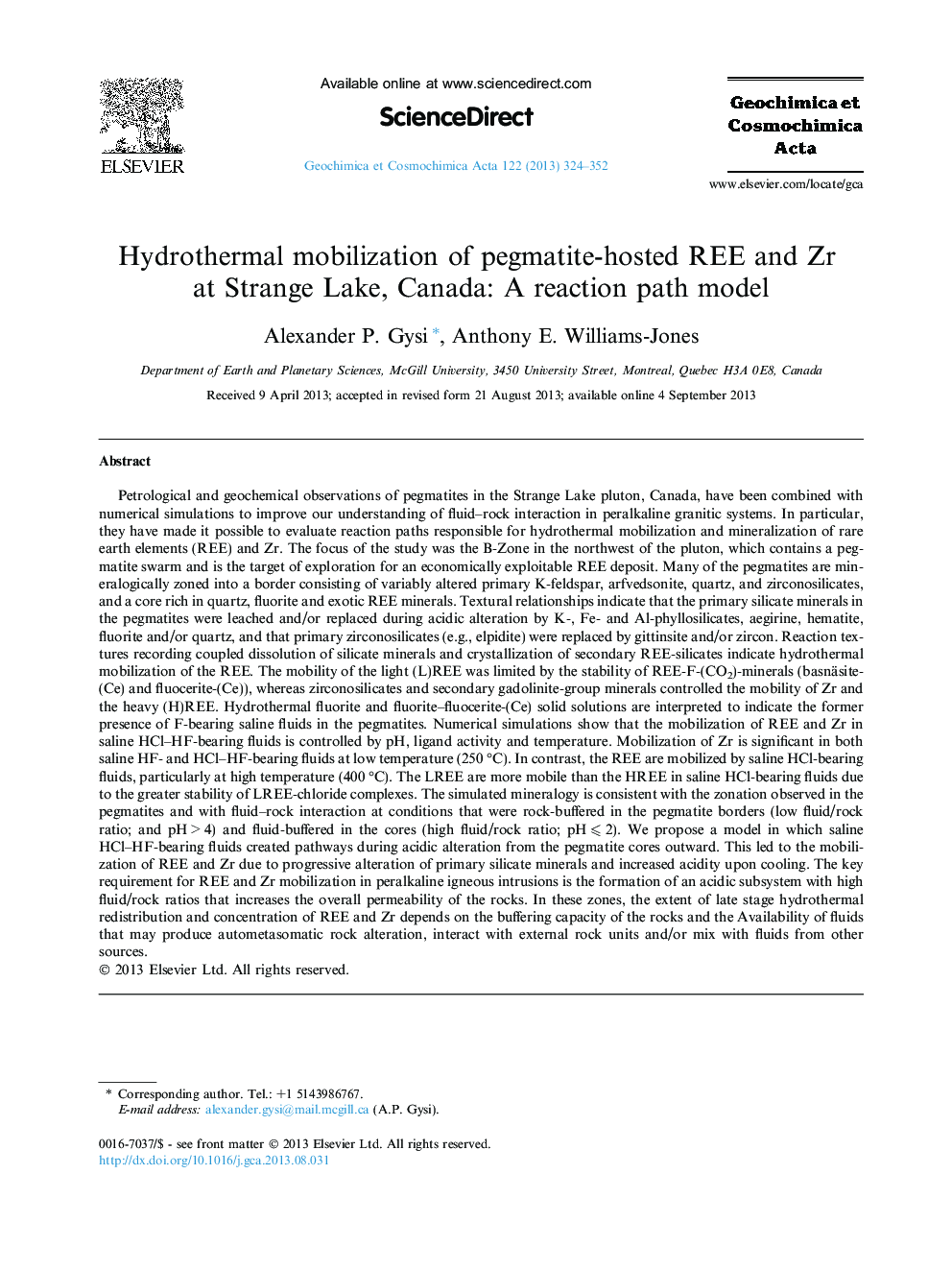 عکس صفحه اول مقاله: Hydrothermal mobilization of pegmatite-hosted REE and Zr at Strange Lake, Canada: A reaction path model Hydrothermal mobilization of pegmatite-hosted REE and Zr at Strange Lake, Canada: A reaction path model