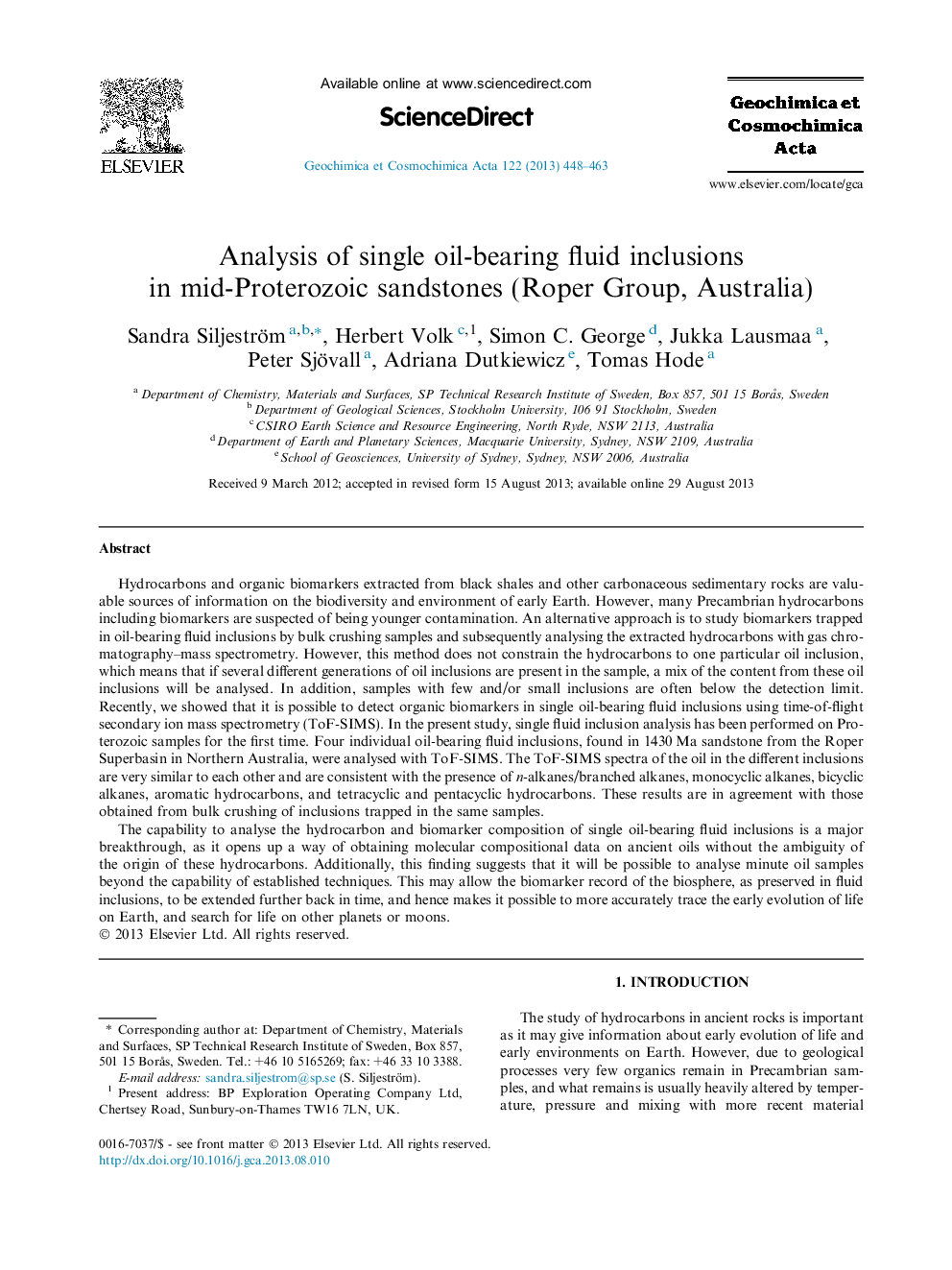 Analysis of single oil-bearing fluid inclusions in mid-Proterozoic sandstones (Roper Group, Australia)