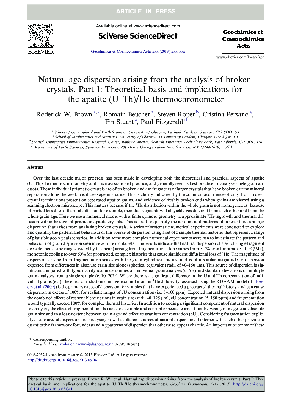 Natural age dispersion arising from the analysis of broken crystals. Part I: Theoretical basis and implications for the apatite (U-Th)/He thermochronometer
