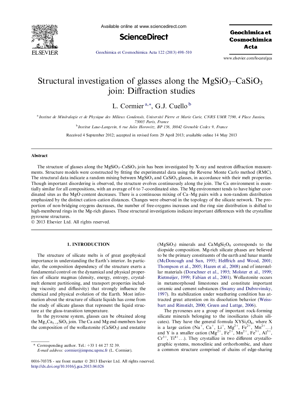 Structural investigation of glasses along the MgSiO3-CaSiO3 join: Diffraction studies