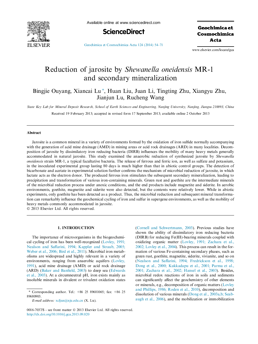 Reduction of jarosite by Shewanella oneidensis MR-1 and secondary mineralization