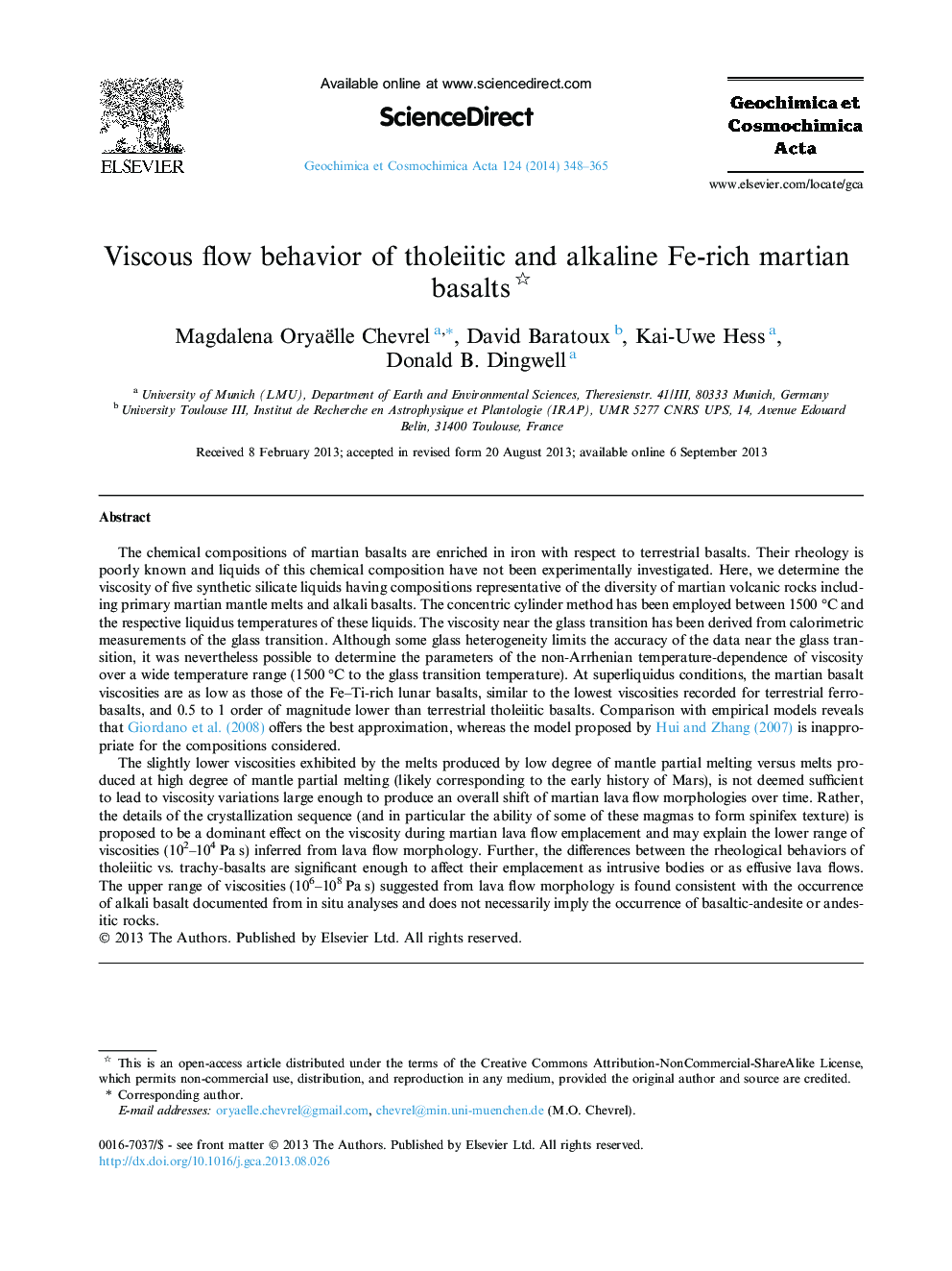 Viscous flow behavior of tholeiitic and alkaline Fe-rich martian basalts
