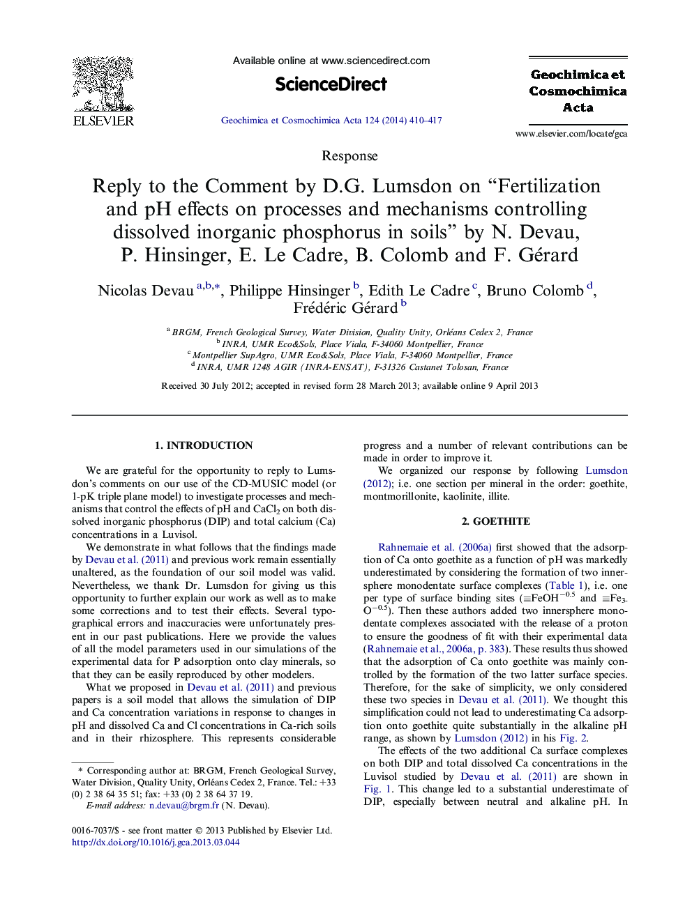 Reply to the Comment by D.G. Lumsdon on “Fertilization and pH effects on processes and mechanisms controlling dissolved inorganic phosphorus in soils” by N. Devau, P. Hinsinger, E. Le Cadre, B. Colomb and F. Gérard