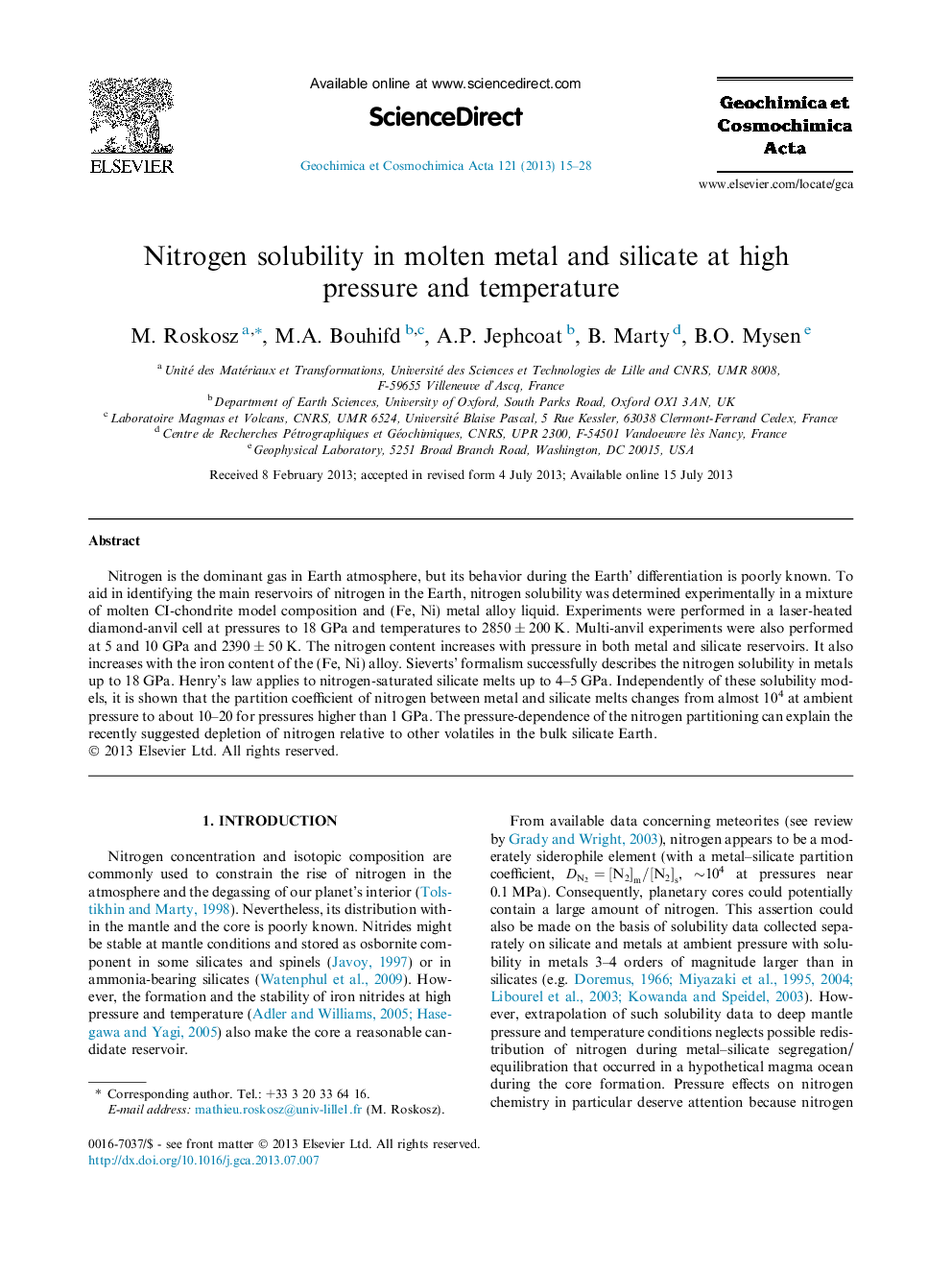 Nitrogen solubility in molten metal and silicate at high pressure and temperature