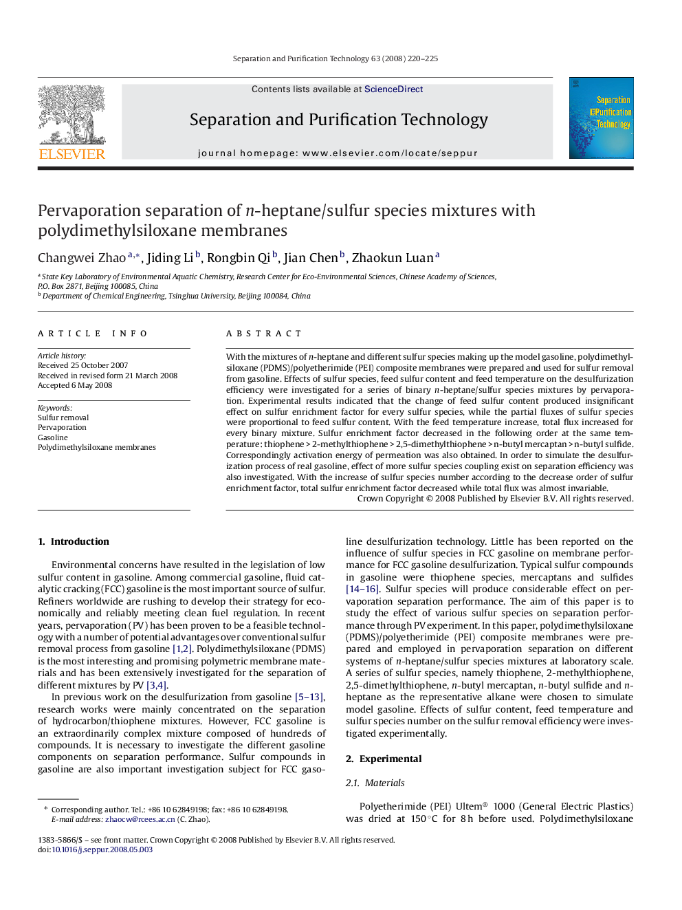 Pervaporation separation of n-heptane/sulfur species mixtures with polydimethylsiloxane membranes