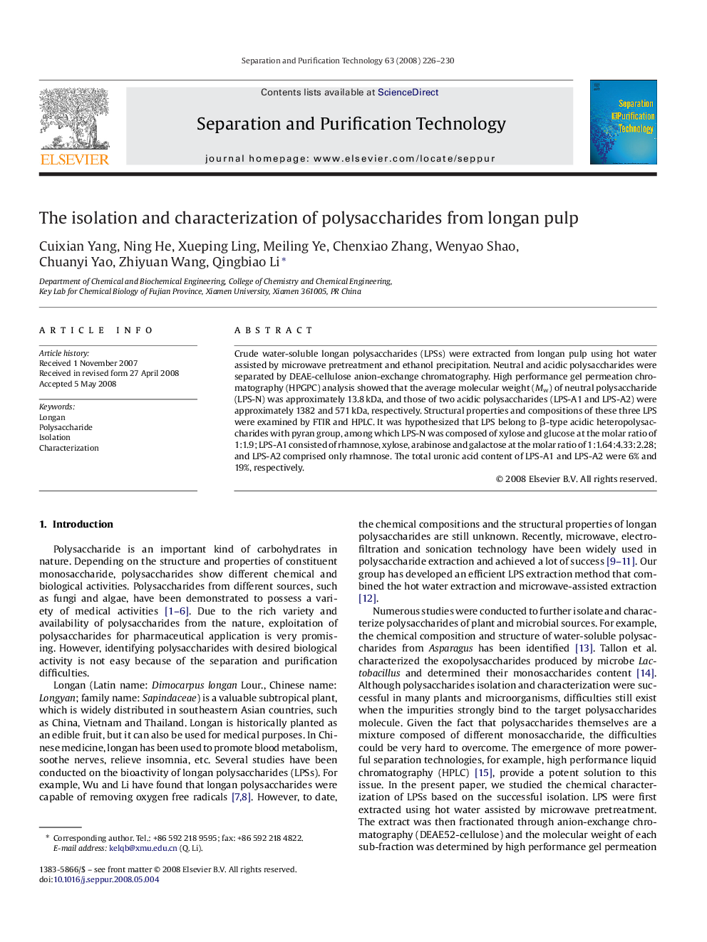 The isolation and characterization of polysaccharides from longan pulp