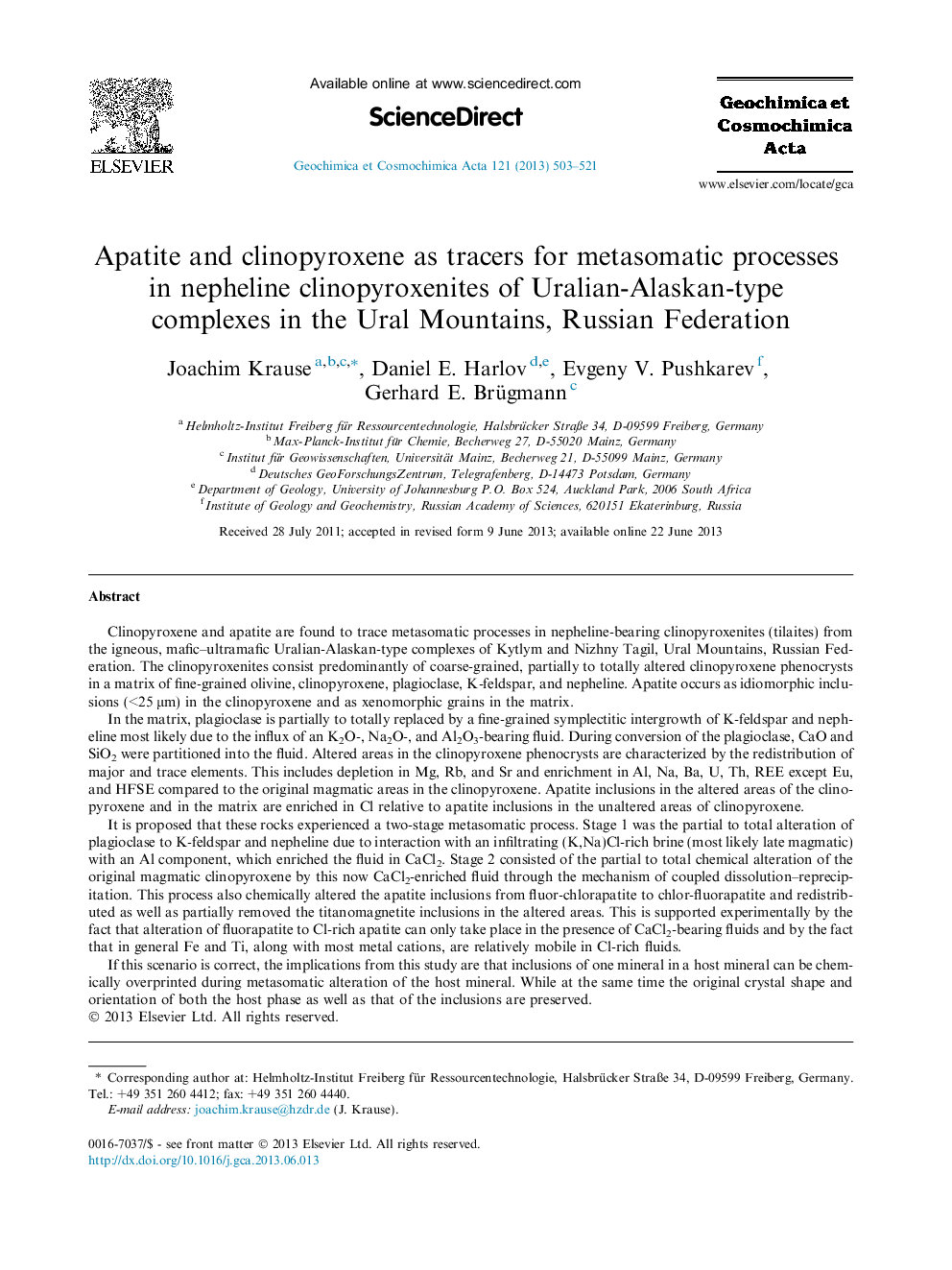 Apatite and clinopyroxene as tracers for metasomatic processes in nepheline clinopyroxenites of Uralian-Alaskan-type complexes in the Ural Mountains, Russian Federation
