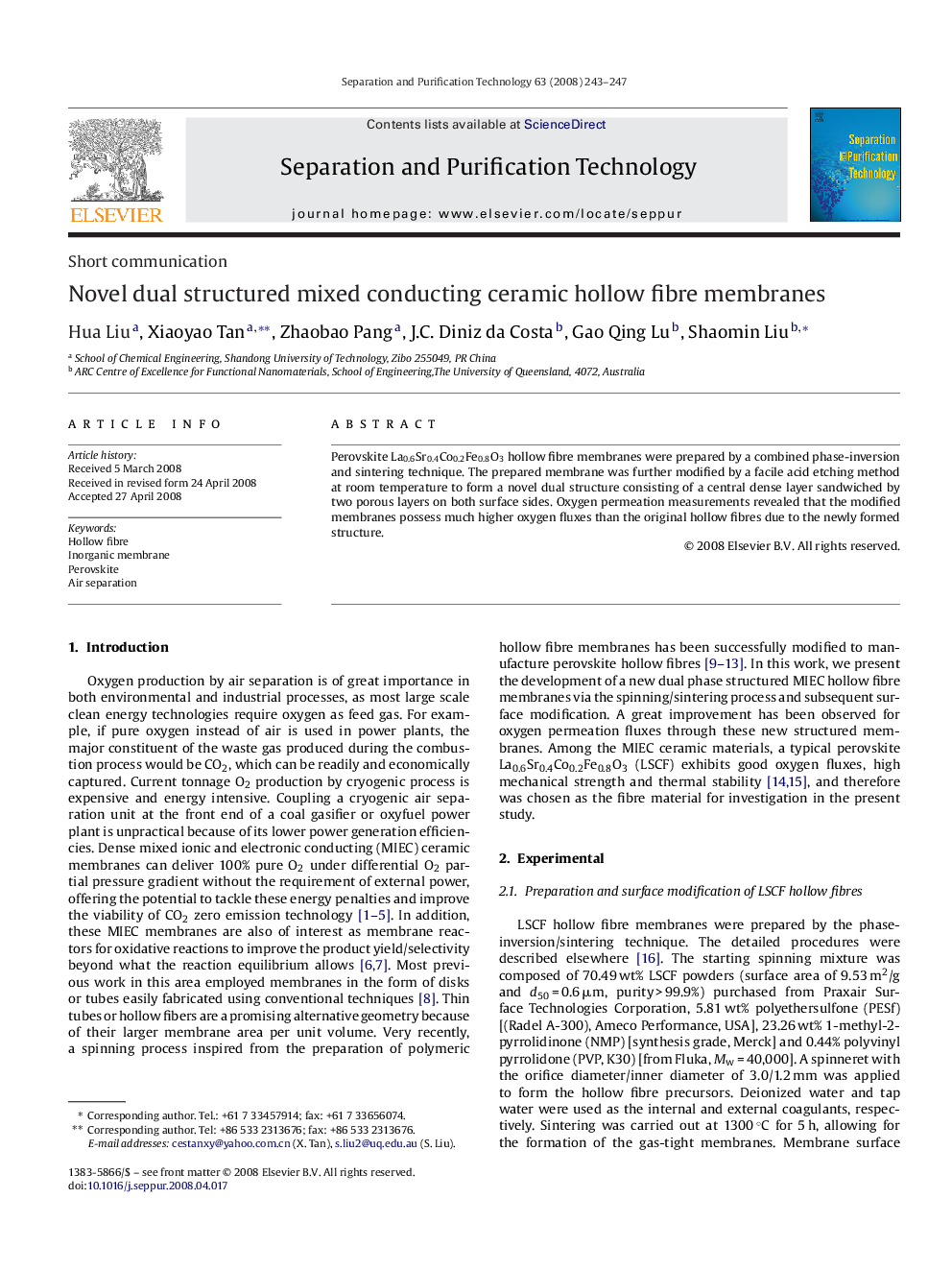 Novel dual structured mixed conducting ceramic hollow fibre membranes