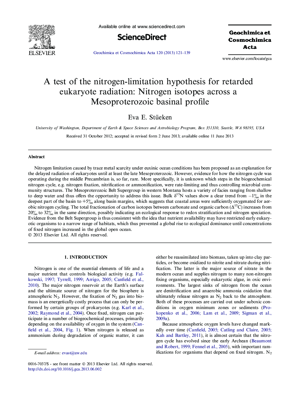 A test of the nitrogen-limitation hypothesis for retarded eukaryote radiation: Nitrogen isotopes across a Mesoproterozoic basinal profile