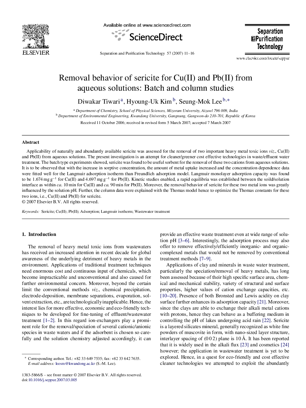 Removal behavior of sericite for Cu(II) and Pb(II) from aqueous solutions: Batch and column studies