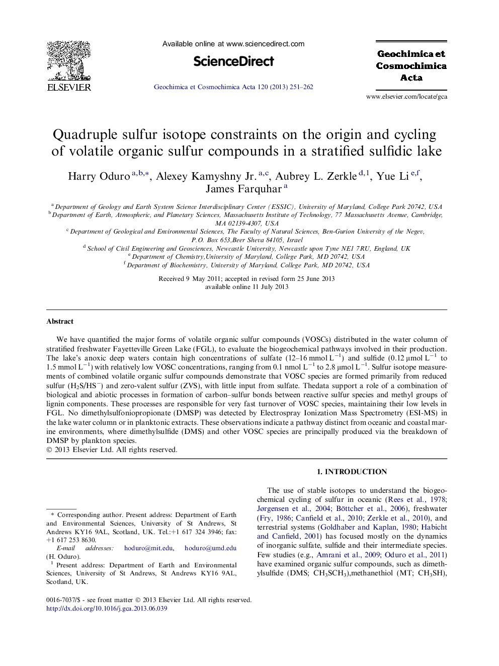 Quadruple sulfur isotope constraints on the origin and cycling of volatile organic sulfur compounds in a stratified sulfidic lake