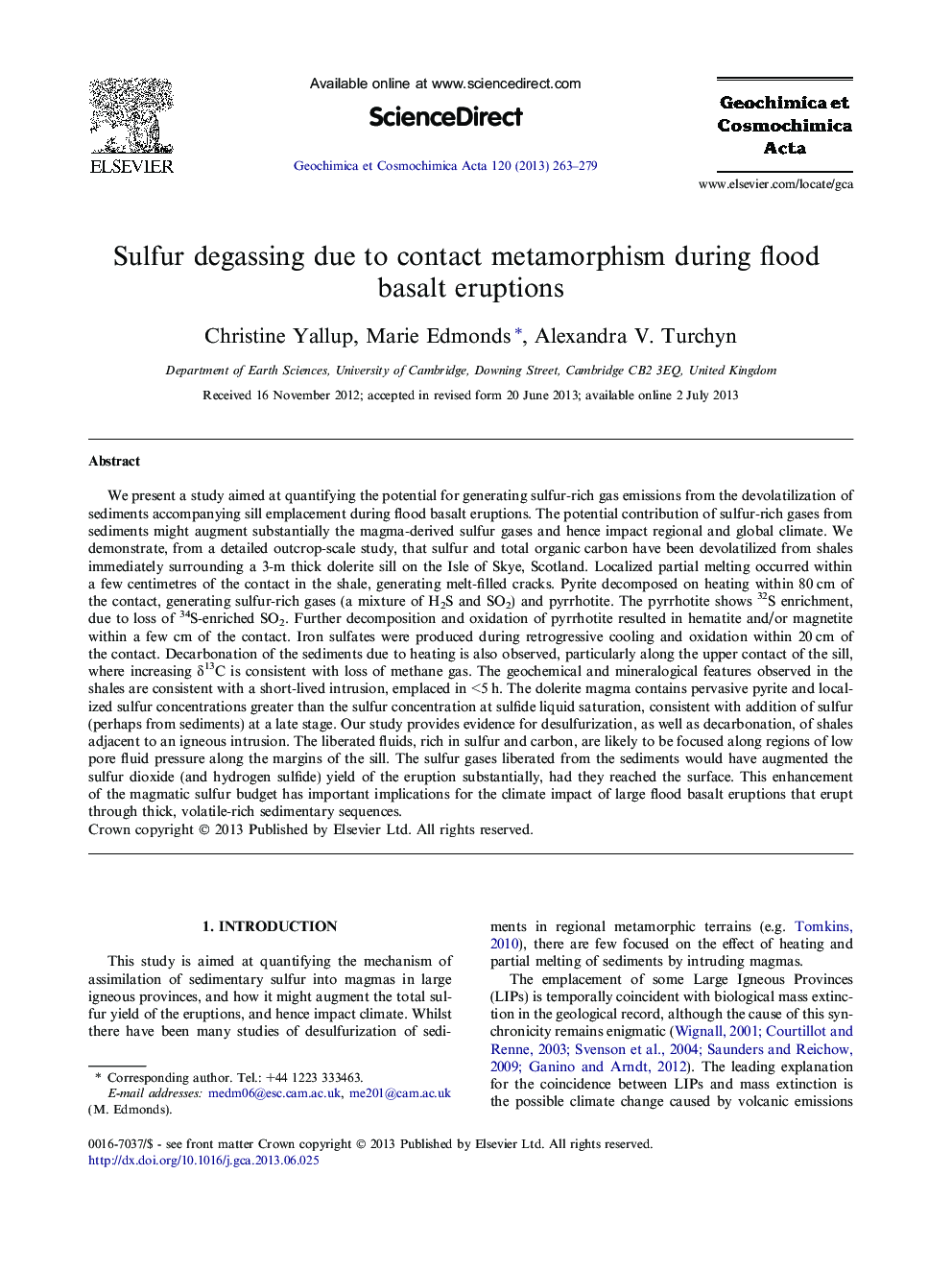 Sulfur degassing due to contact metamorphism during flood basalt eruptions