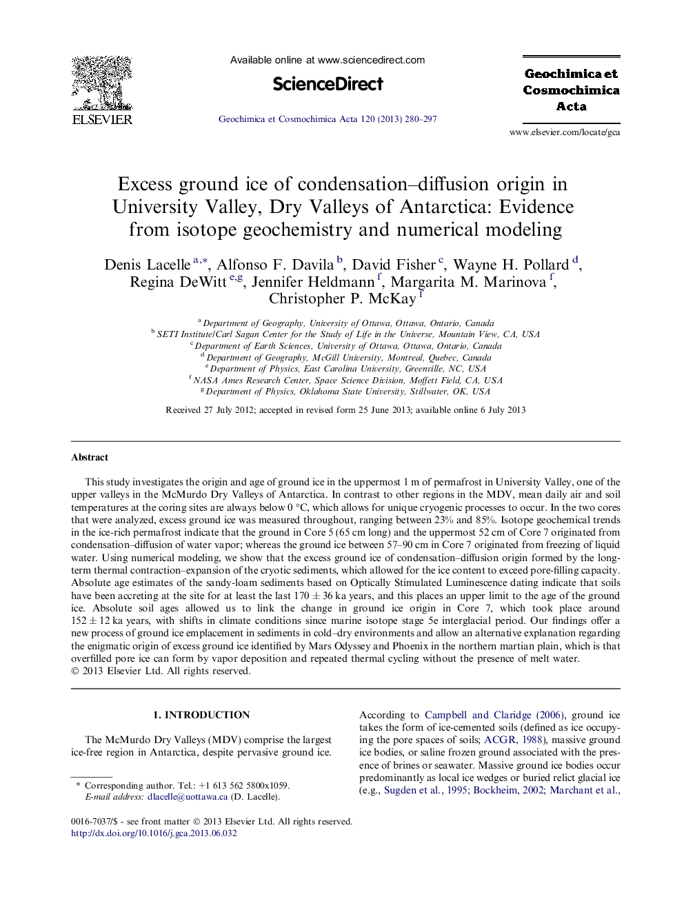 Excess ground ice of condensation-diffusion origin in University Valley, Dry Valleys of Antarctica: Evidence from isotope geochemistry and numerical modeling