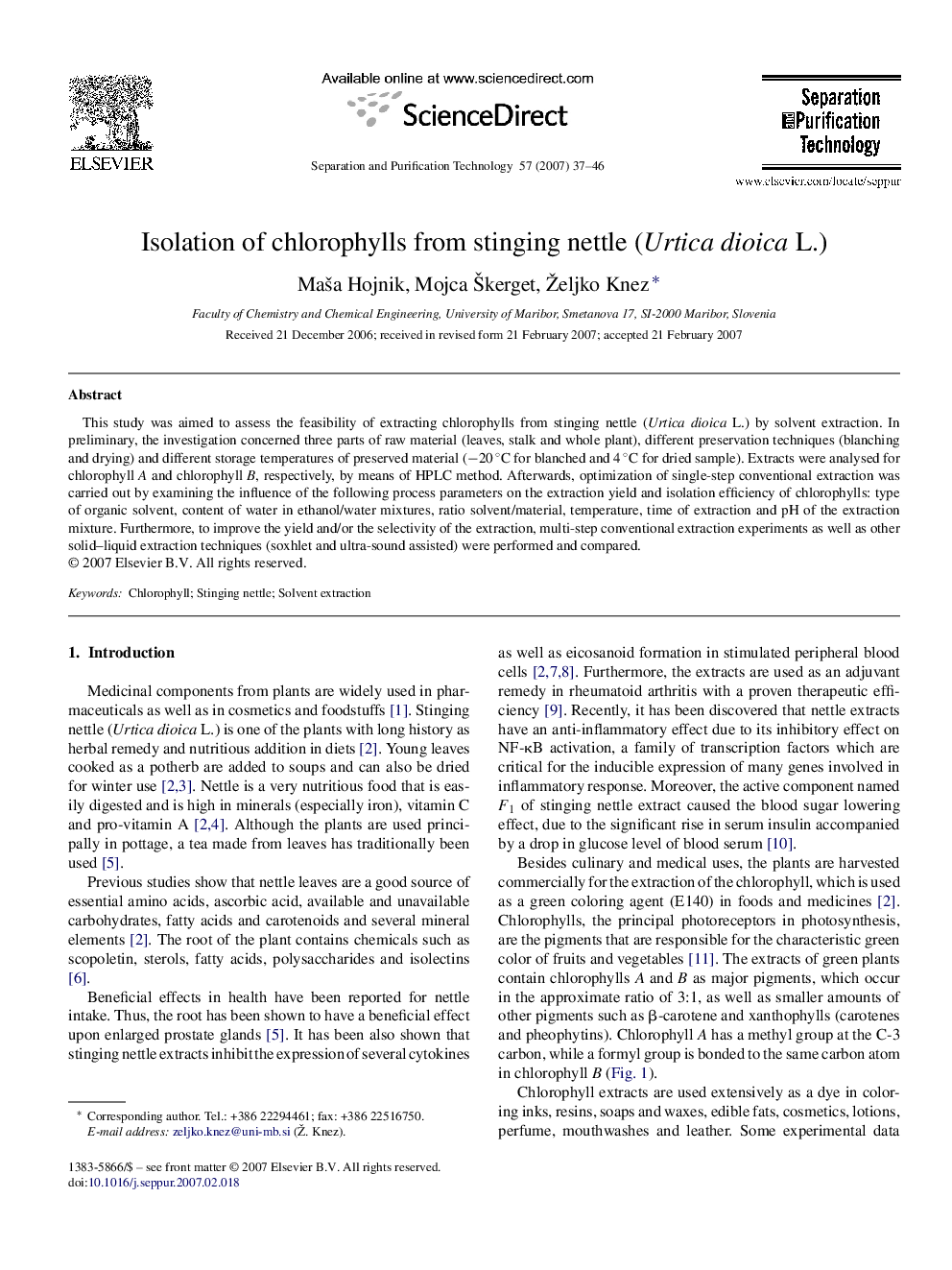 Isolation of chlorophylls from stinging nettle (Urtica dioica L.)