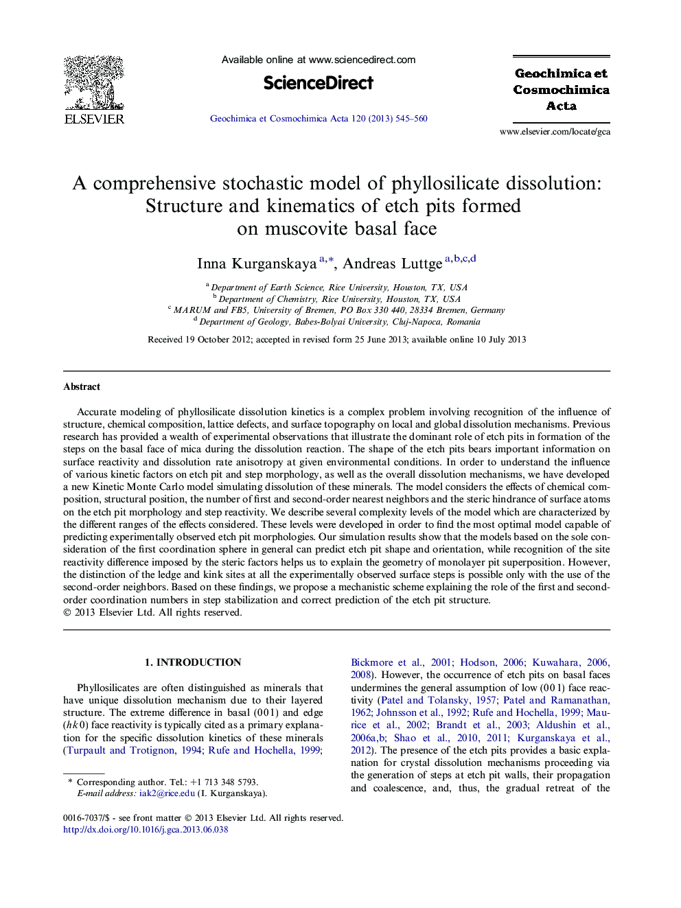 A comprehensive stochastic model of phyllosilicate dissolution: Structure and kinematics of etch pits formed on muscovite basal face