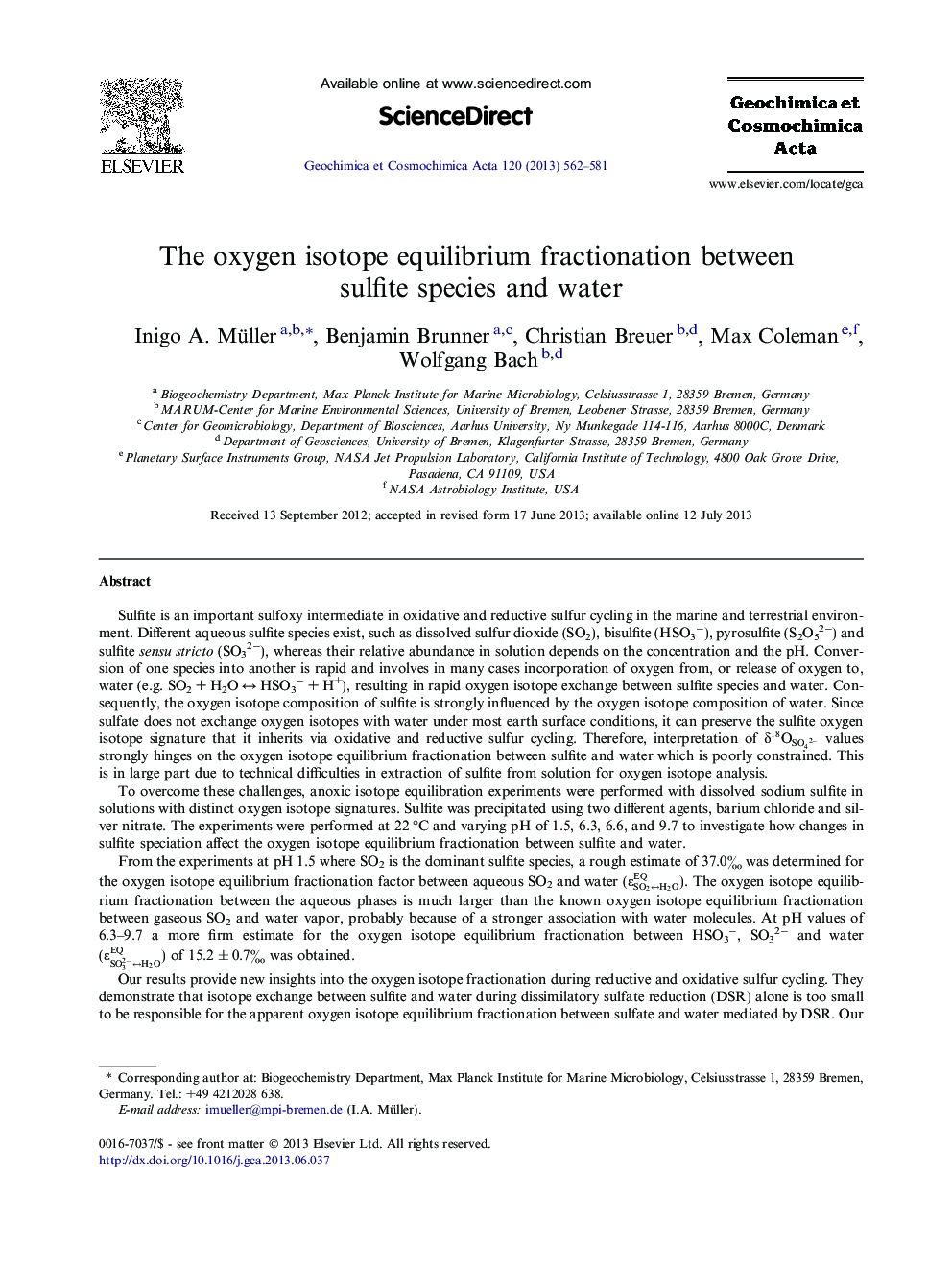 The oxygen isotope equilibrium fractionation between sulfite species and water