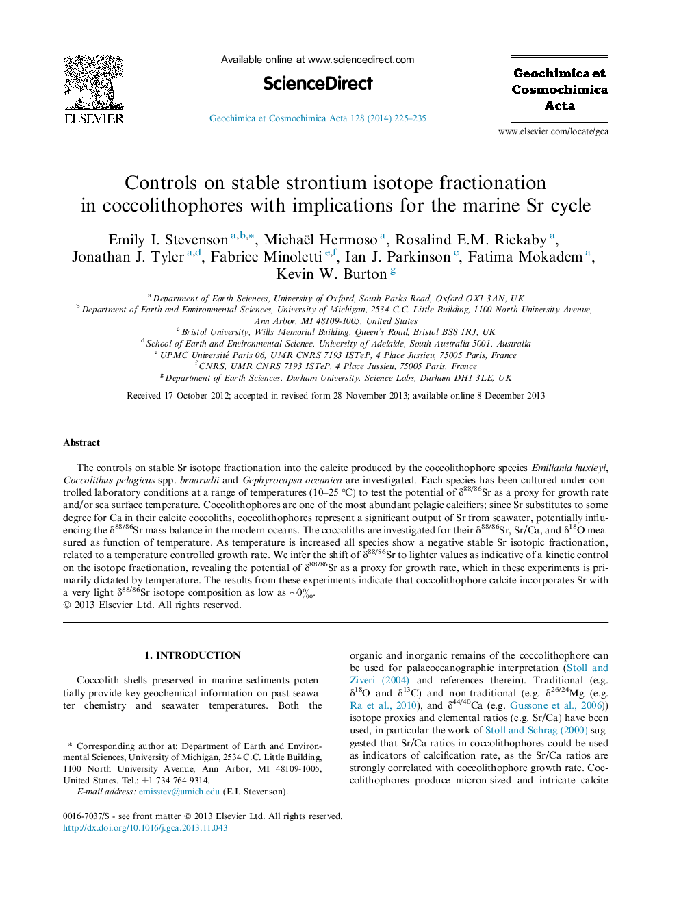 Controls on stable strontium isotope fractionation in coccolithophores with implications for the marine Sr cycle