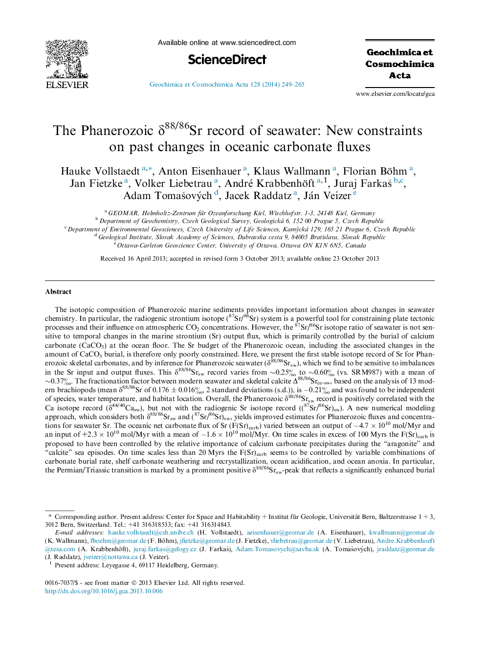 The Phanerozoic Î´88/86Sr record of seawater: New constraints on past changes in oceanic carbonate fluxes