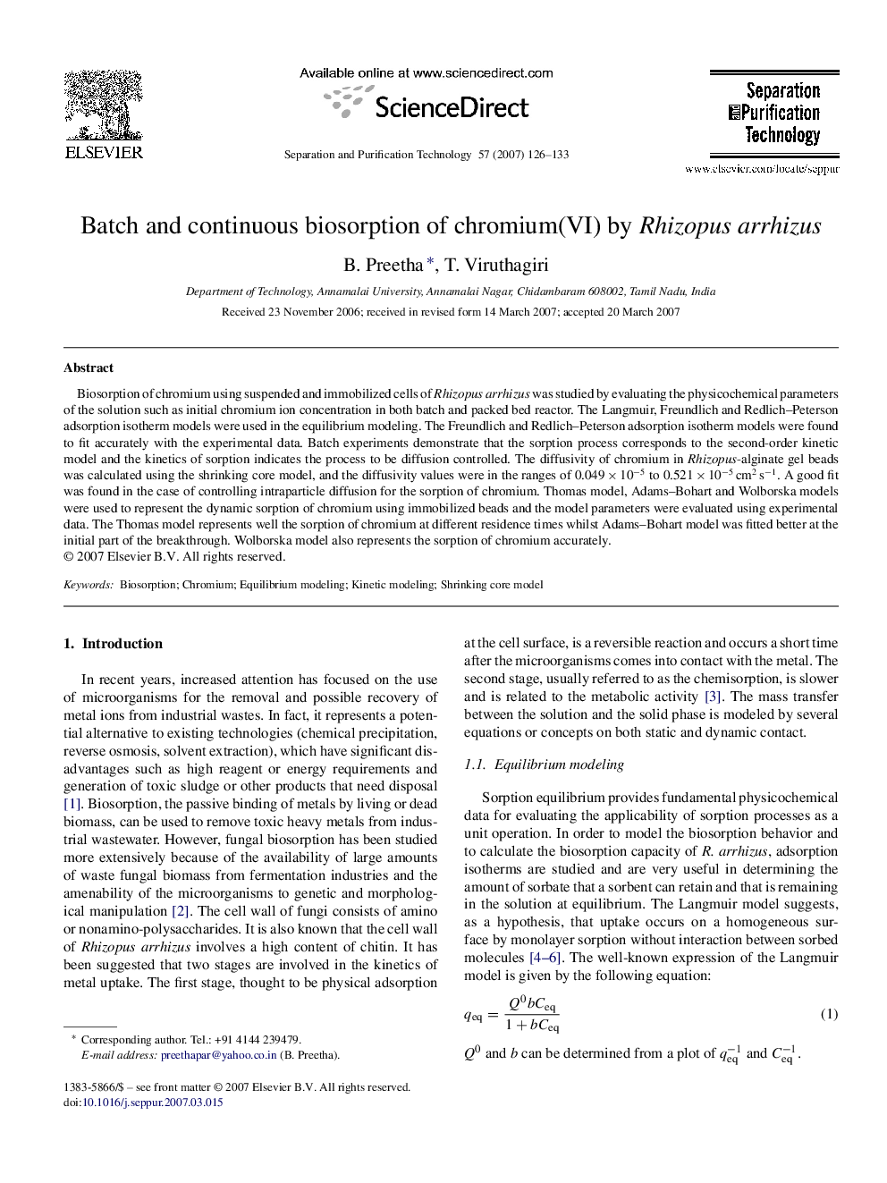 Batch and continuous biosorption of chromium(VI) by Rhizopus arrhizus