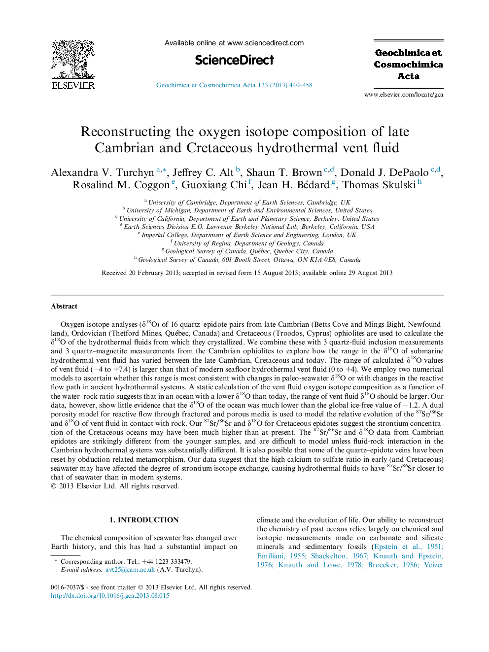 Reconstructing the oxygen isotope composition of late Cambrian and Cretaceous hydrothermal vent fluid