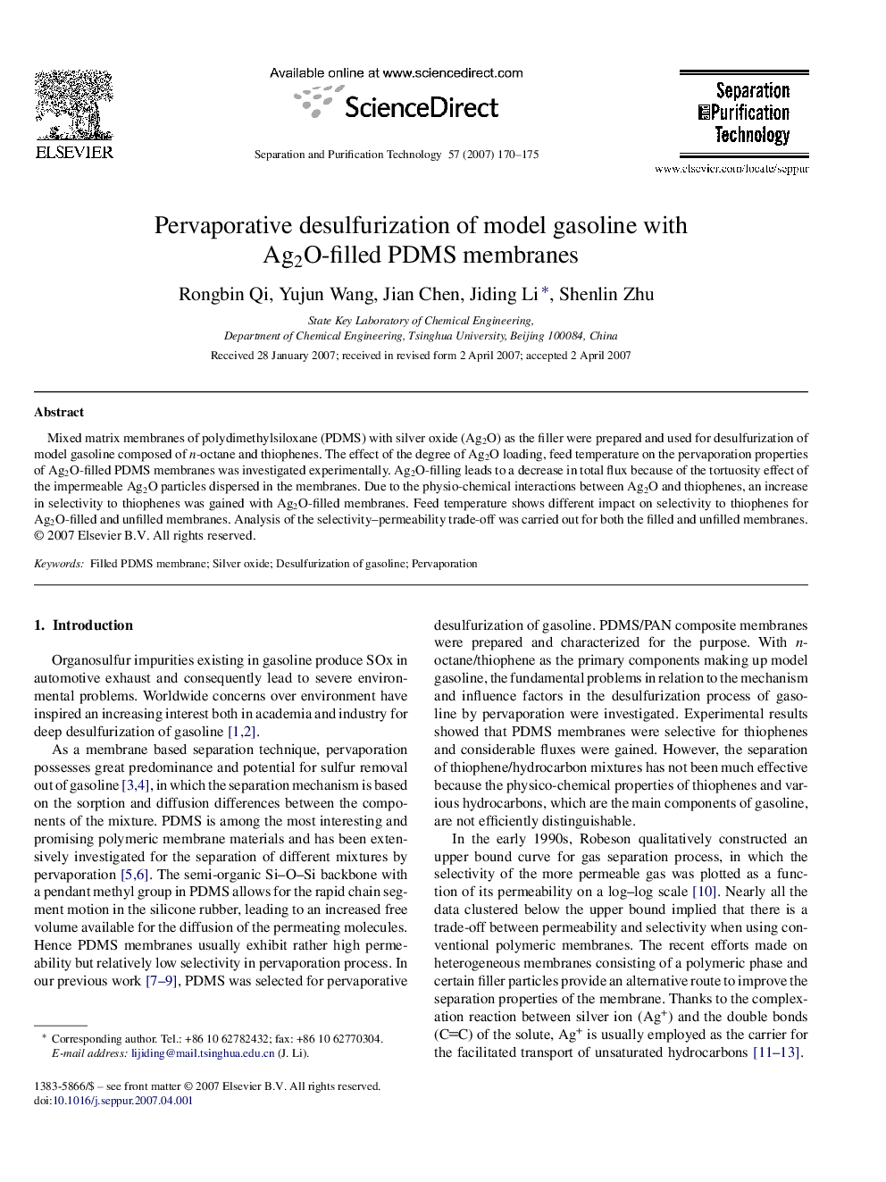 Pervaporative desulfurization of model gasoline with Ag2O-filled PDMS membranes