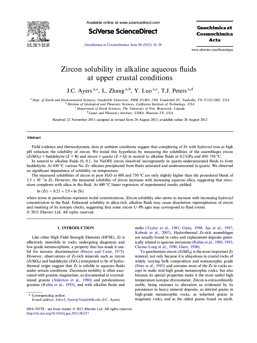 Zircon solubility in alkaline aqueous fluids at upper crustal conditions
