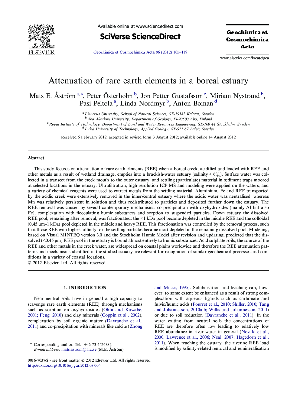 Attenuation of rare earth elements in a boreal estuary