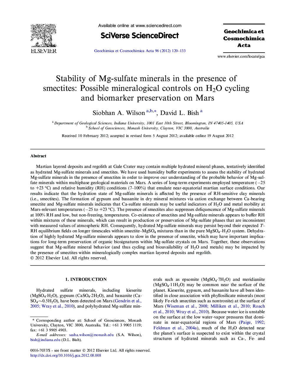 Stability of Mg-sulfate minerals in the presence of smectites: Possible mineralogical controls on H2O cycling and biomarker preservation on Mars