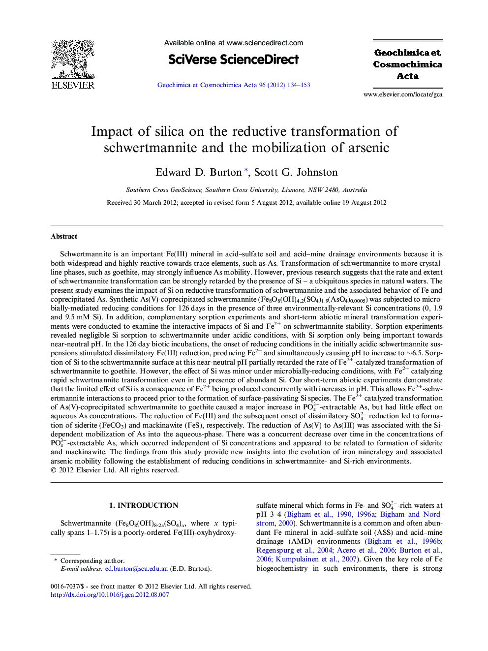 Impact of silica on the reductive transformation of schwertmannite and the mobilization of arsenic