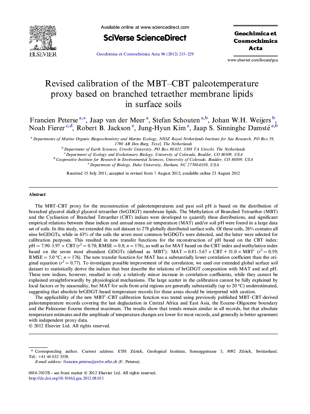 Revised calibration of the MBT-CBT paleotemperature proxy based on branched tetraether membrane lipids in surface soils