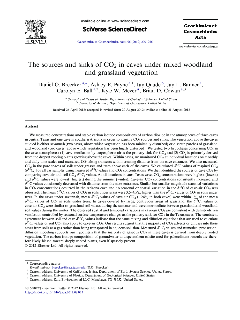 The sources and sinks of CO2 in caves under mixed woodland and grassland vegetation
