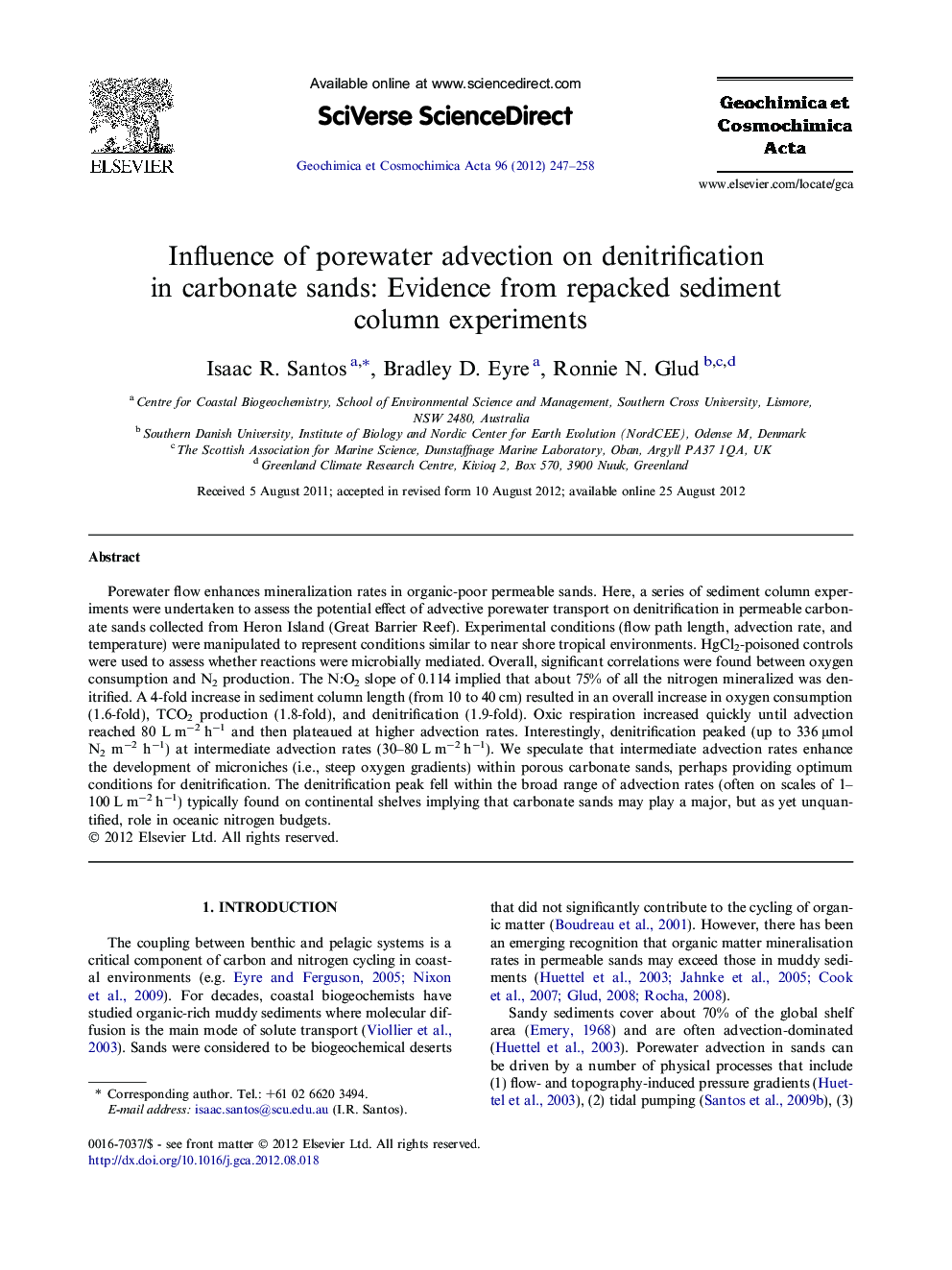 Influence of porewater advection on denitrification in carbonate sands: Evidence from repacked sediment column experiments