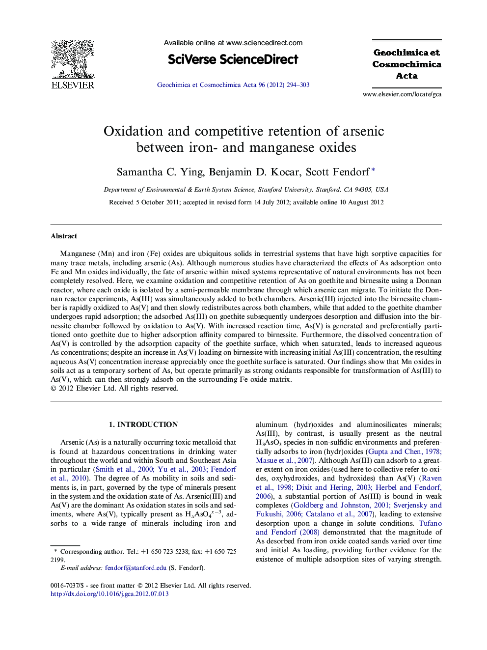 Oxidation and competitive retention of arsenic between iron- and manganese oxides