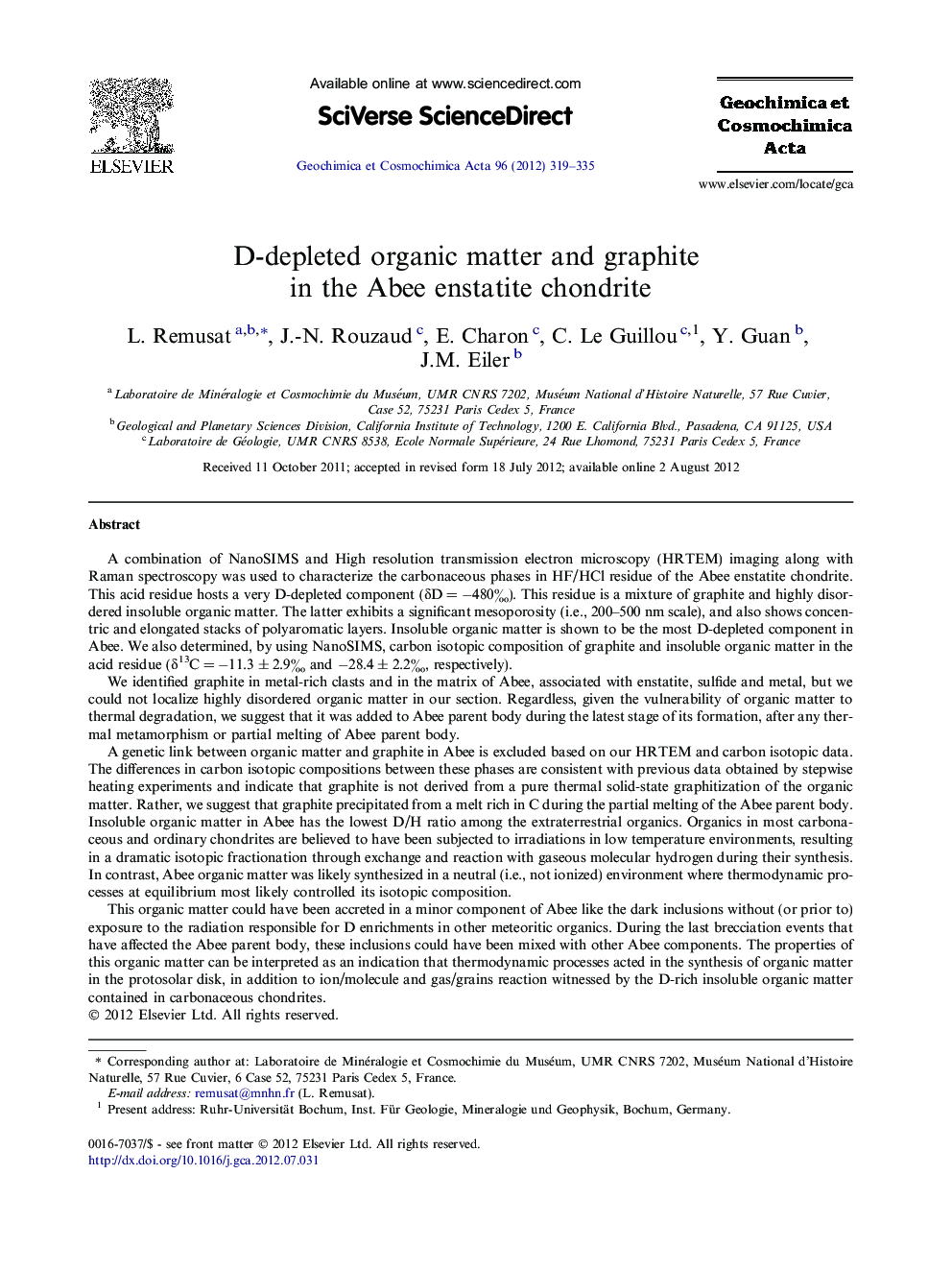 D-depleted organic matter and graphite in the Abee enstatite chondrite