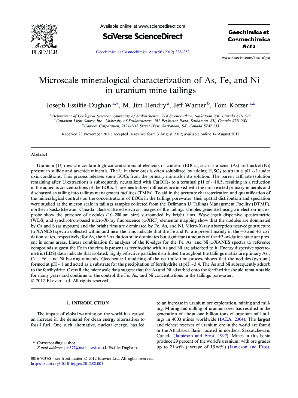 Microscale mineralogical characterization of As, Fe, and Ni in uranium mine tailings