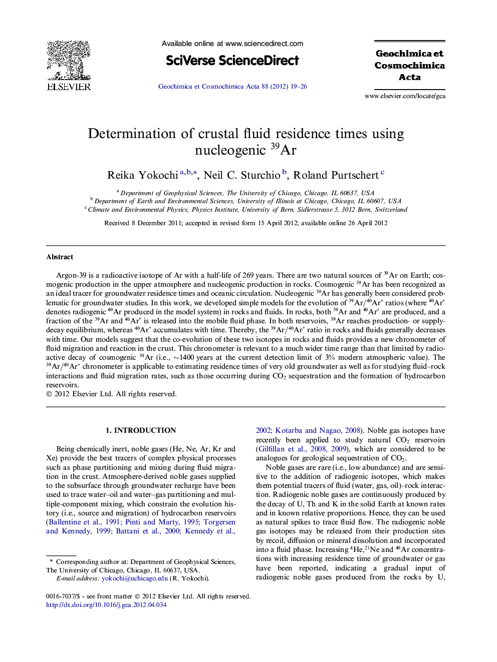 Determination of crustal fluid residence times using nucleogenic 39Ar