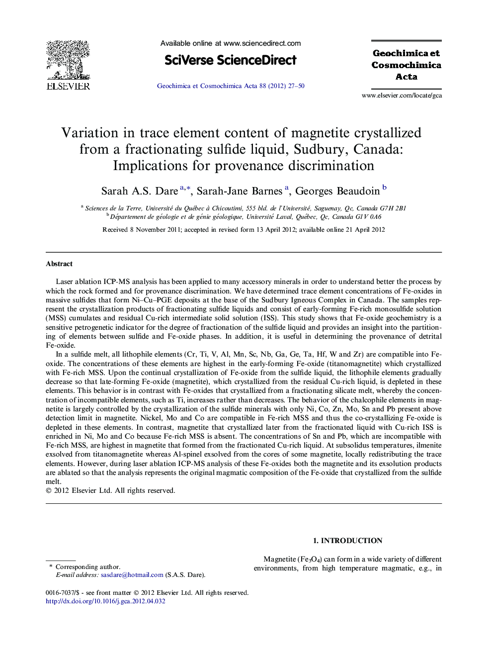 Variation in trace element content of magnetite crystallized from a fractionating sulfide liquid, Sudbury, Canada: Implications for provenance discrimination