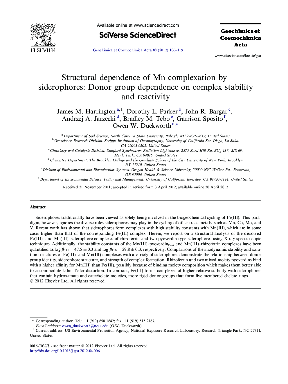 Structural dependence of Mn complexation by siderophores: Donor group dependence on complex stability and reactivity