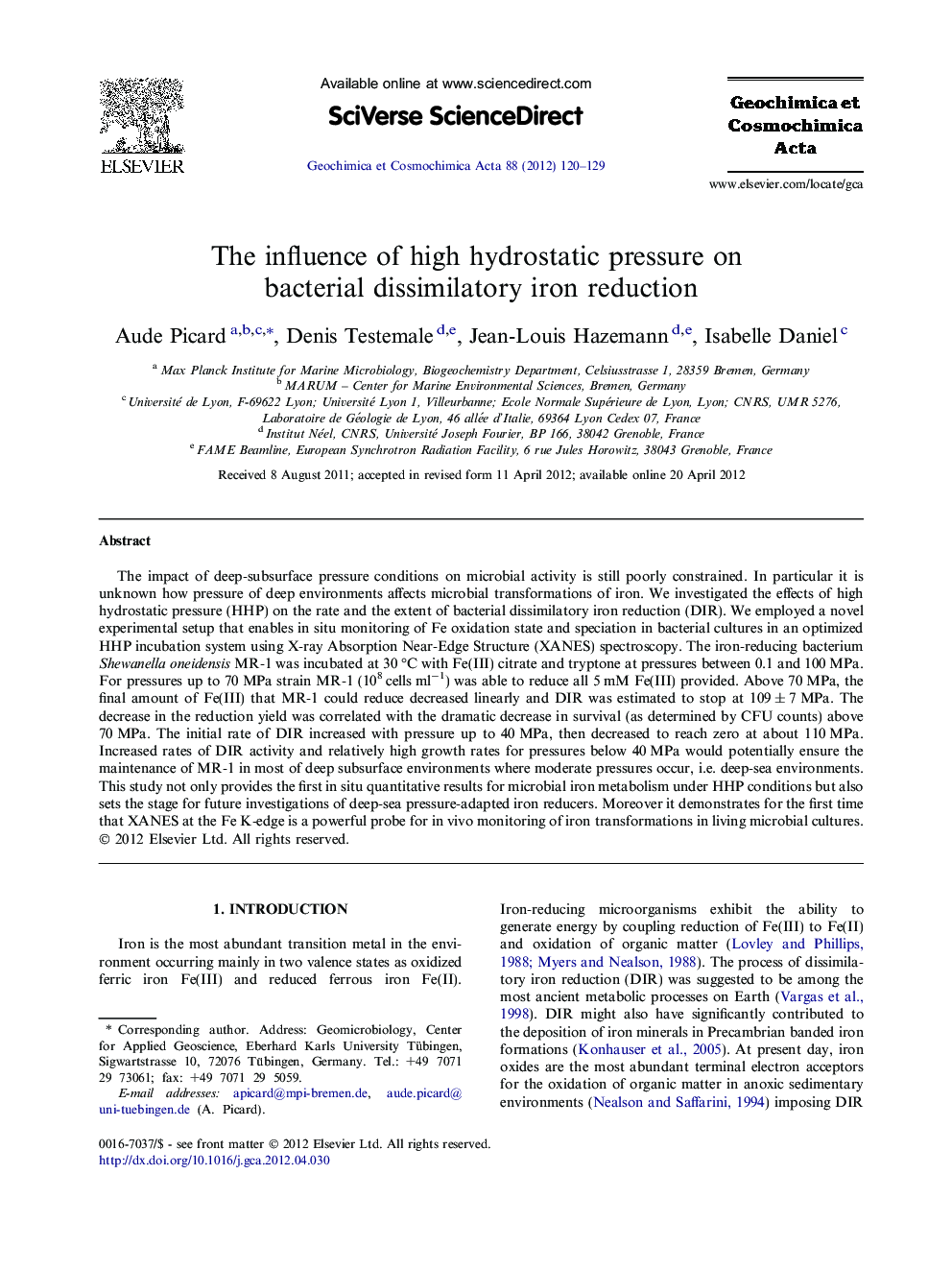 The influence of high hydrostatic pressure on bacterial dissimilatory iron reduction