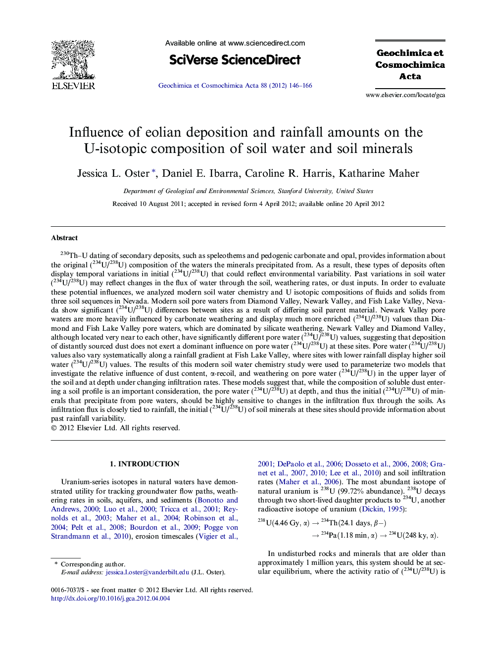 Influence of eolian deposition and rainfall amounts on the U-isotopic composition of soil water and soil minerals