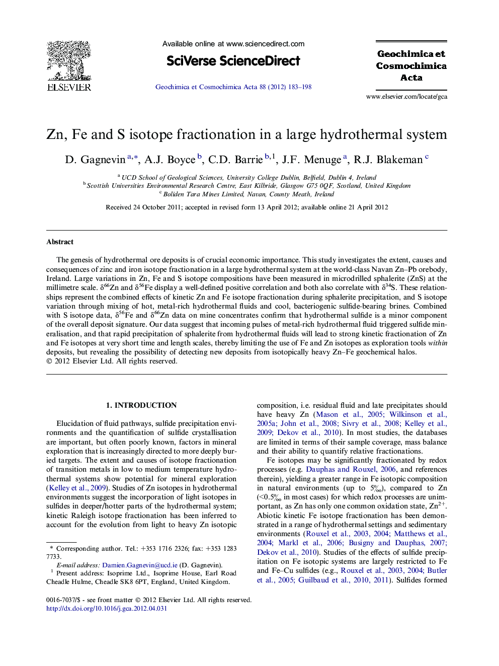 عکس صفحه اول مقاله: Zn, Fe and S isotope fractionation in a large hydrothermal system Zn, Fe and S isotope fractionation in a large hydrothermal system