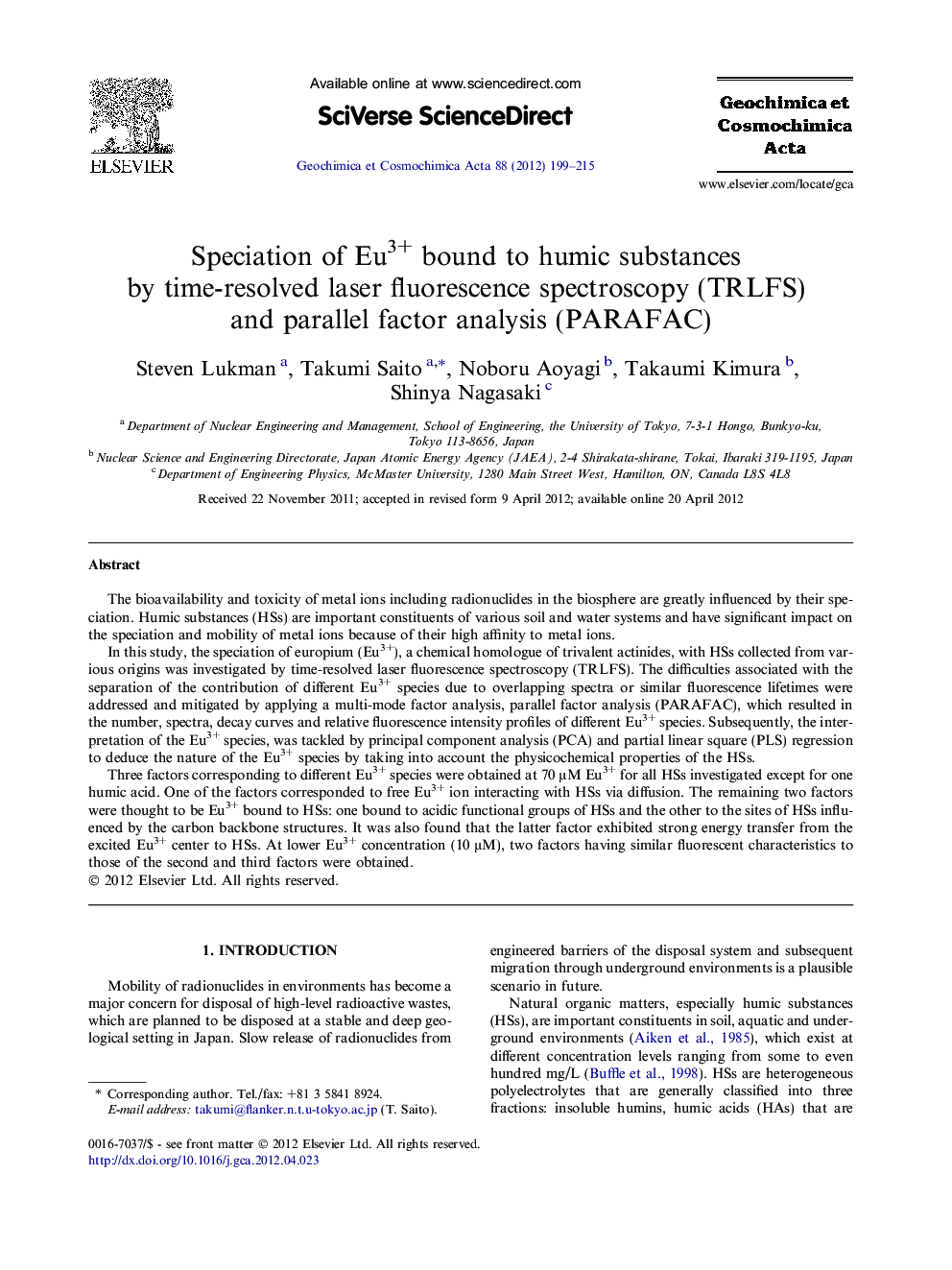 Speciation of Eu3+ bound to humic substances by time-resolved laser fluorescence spectroscopy (TRLFS) and parallel factor analysis (PARAFAC)