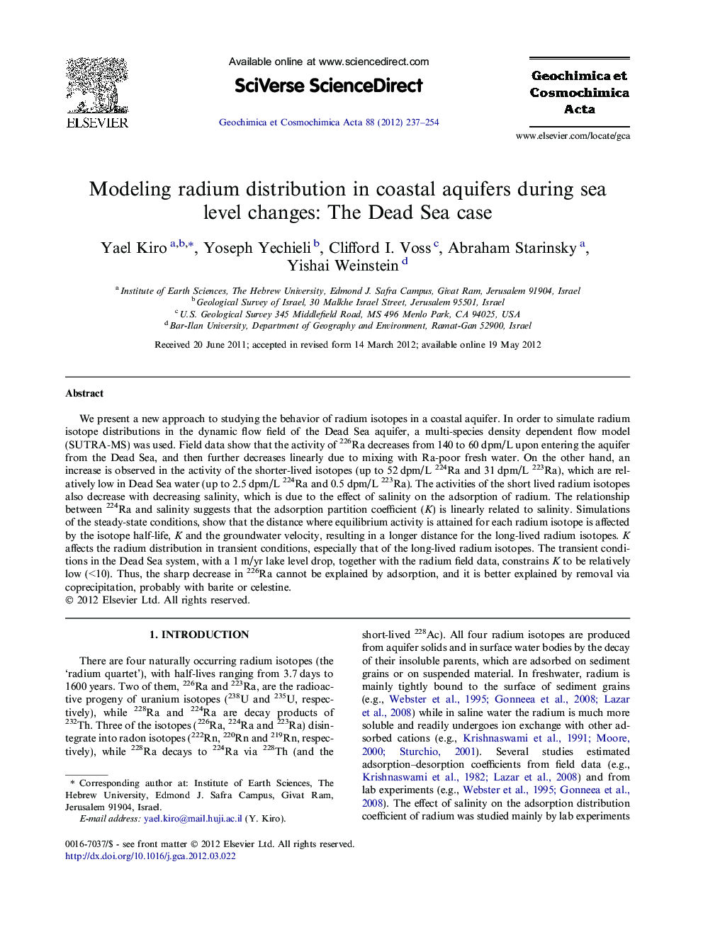 Modeling radium distribution in coastal aquifers during sea level changes: The Dead Sea case