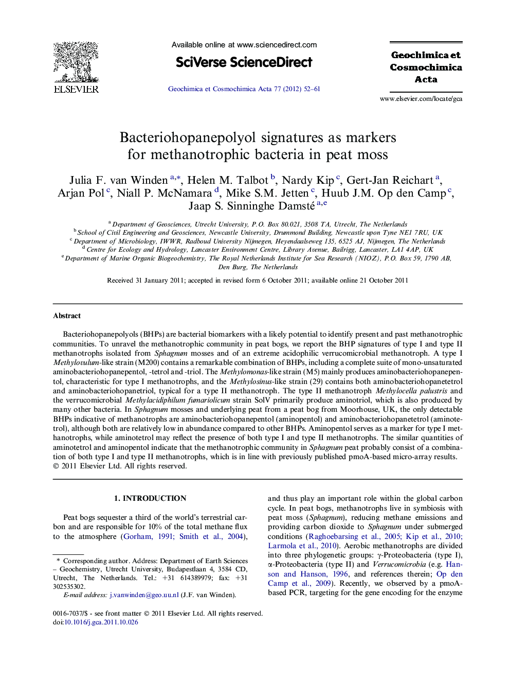 Bacteriohopanepolyol signatures as markers for methanotrophic bacteria in peat moss