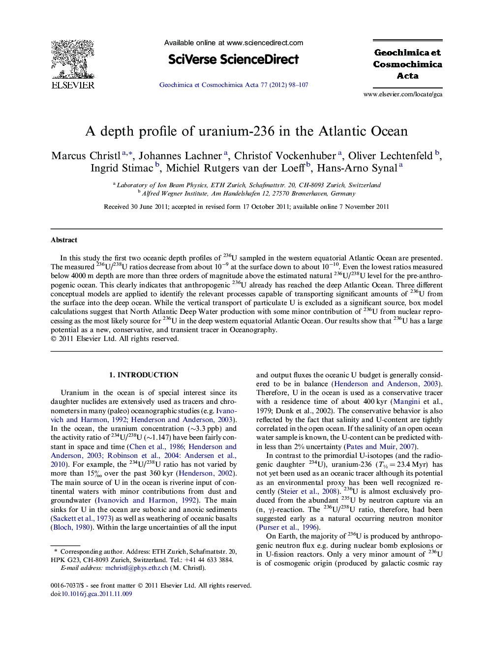 A depth profile of uranium-236 in the Atlantic Ocean